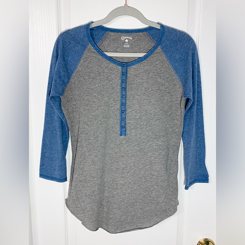 NEW Y2K Converse 3/4 Sleeve Raglan Henley Tee Heather Gray and Blue Large